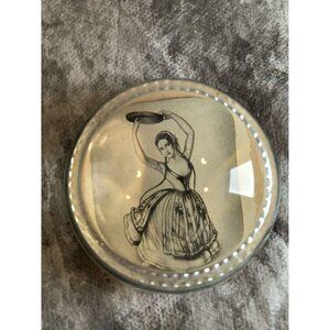 Vintage Glass Paperweight With Dancing Bar Maid Illustration